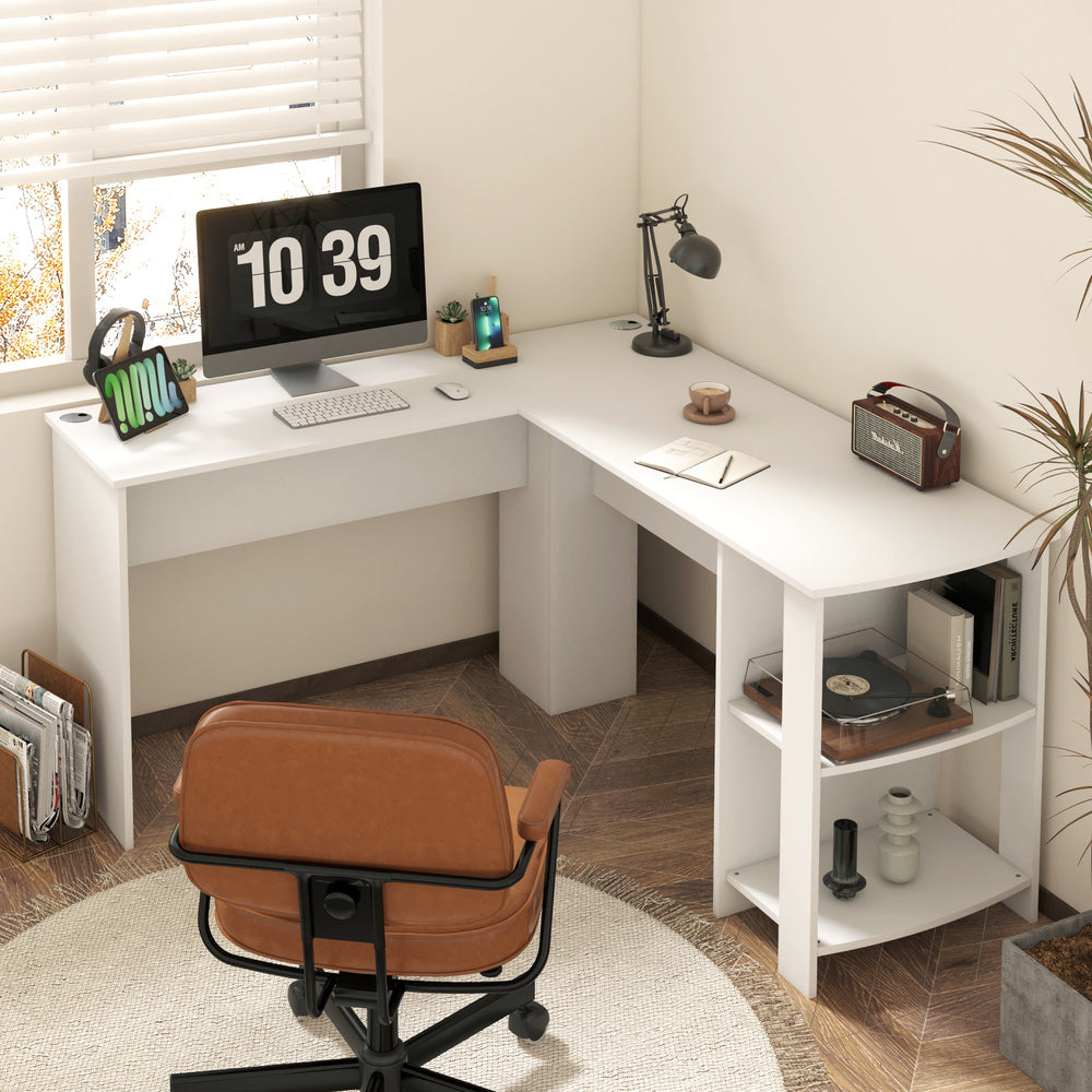 Oikiture L-shape Computer Desk with Storage Shelves White-Computer Desks-PEROZ Accessories