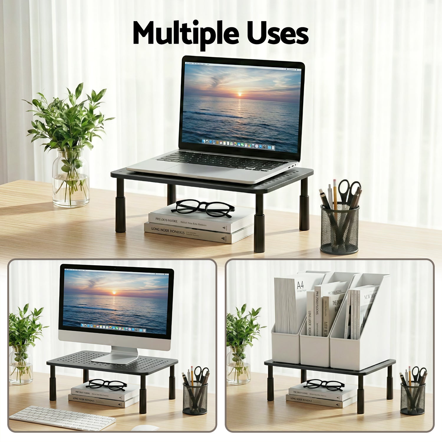 Artiss Monitor Stand Adjustable Riser For Computer Monitor And Laptop 3 Height Desk Organizer Black-Electronics > Computers &amp; Tablets > Desktops &amp; Accessories-PEROZ Accessories