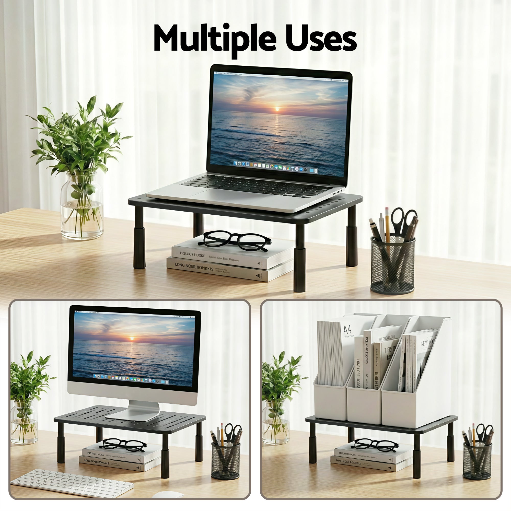 Artiss Monitor Stand Adjustable Riser For Computer Monitor And Laptop 3 Height Desk Organizer Black-Electronics > Computers &amp; Tablets > Desktops &amp; Accessories-PEROZ Accessories