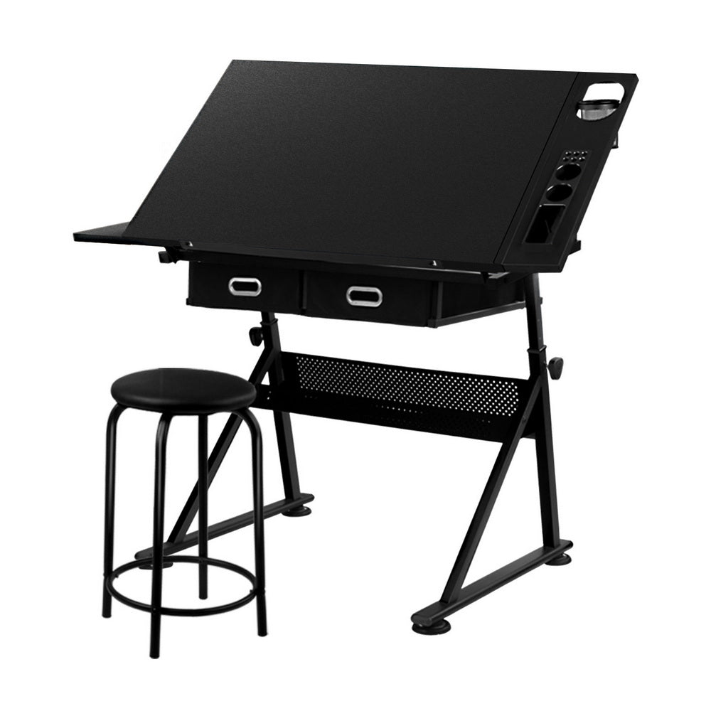 Artiss Drawing Desk Stool Set Drafting Table Adjustable Angle Tilt Drawers Black-Furniture &gt; Office &gt; Desks-PEROZ Accessories