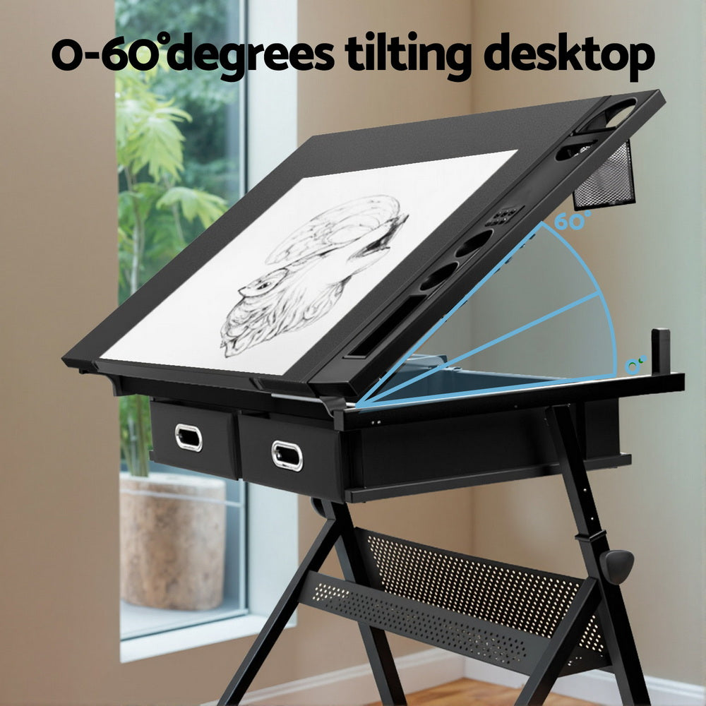 Artiss Drawing Desk Stool Set Drafting Table Adjustable Angle Tilt Drawers Black-Furniture &gt; Office &gt; Desks-PEROZ Accessories