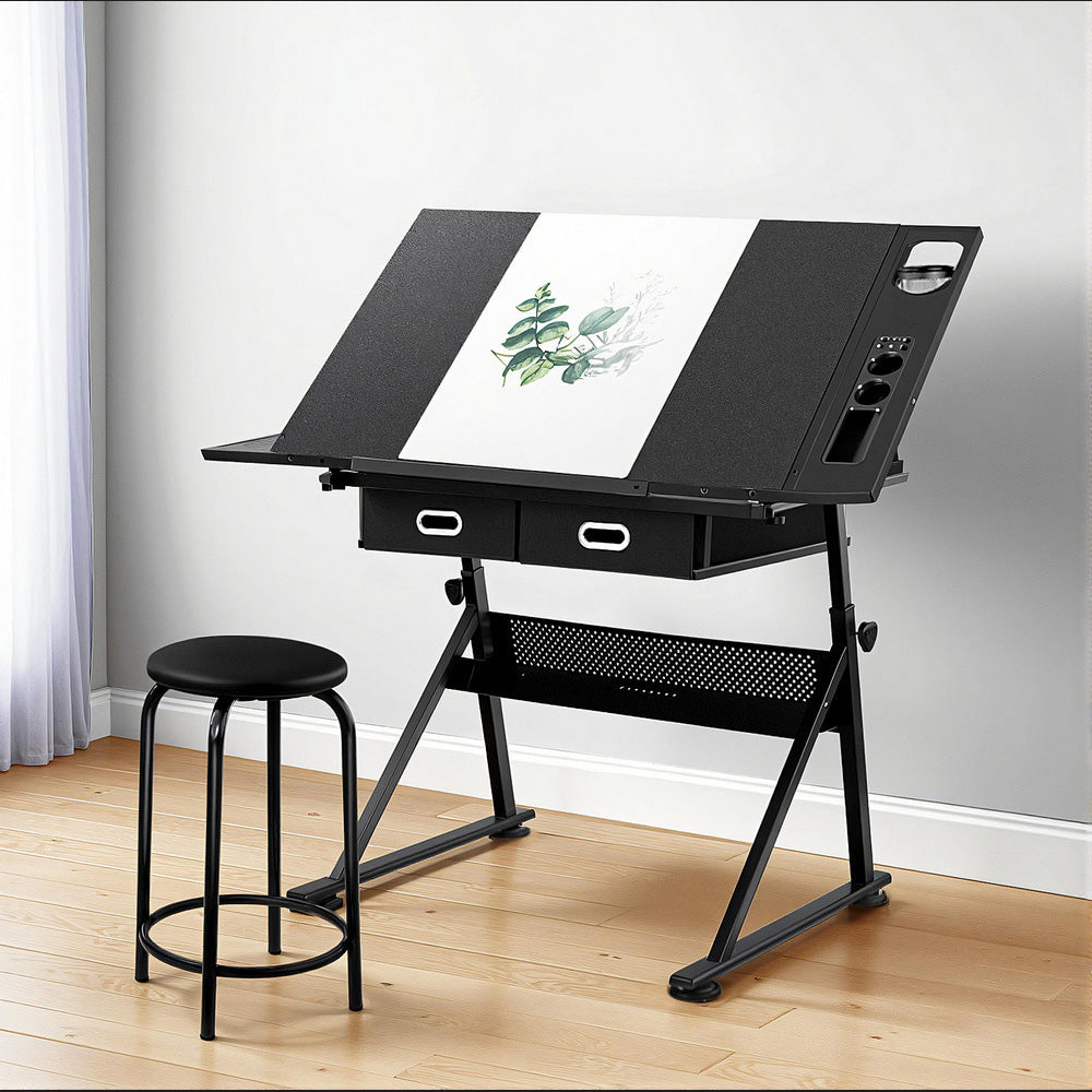 Artiss Drawing Desk Stool Set Drafting Table Adjustable Angle Tilt Drawers Black-Furniture &gt; Office &gt; Desks-PEROZ Accessories