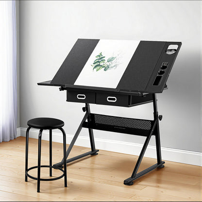 Artiss Drawing Desk Stool Set Drafting Table Adjustable Angle Tilt Drawers Black-Furniture &gt; Office &gt; Desks-PEROZ Accessories