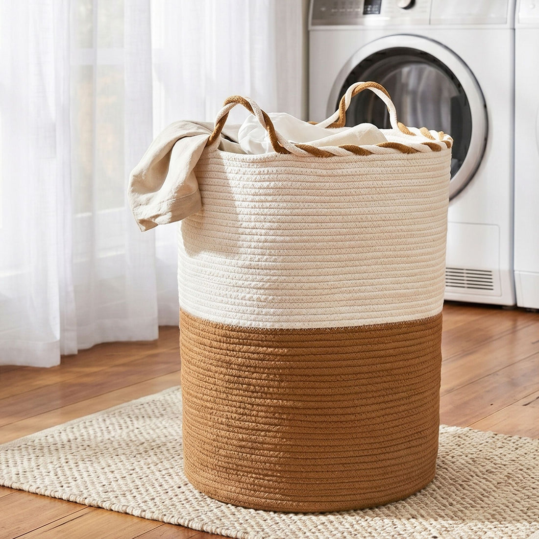 Artiss Woven Laundry Basket with handles Foldable White &amp; Brown-Home &amp; Garden > Laundry &amp; Cleaning > Laundry Baskets-PEROZ Accessories