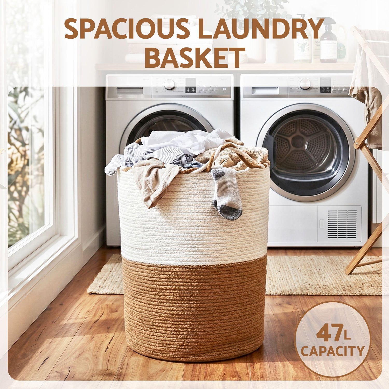 Artiss Woven Laundry Basket with handles Foldable White &amp; Brown-Home &amp; Garden > Laundry &amp; Cleaning > Laundry Baskets-PEROZ Accessories