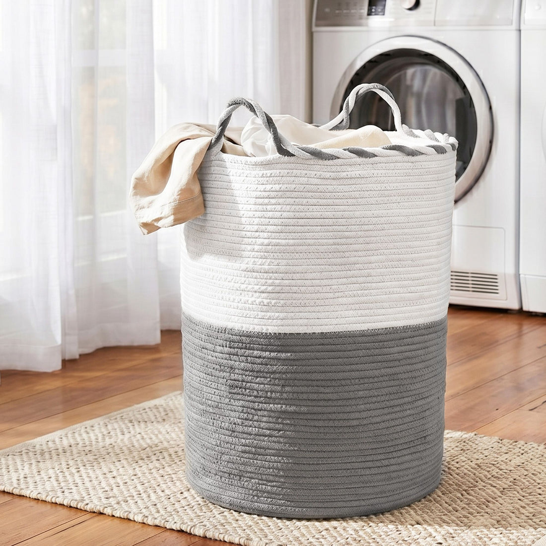Artiss Woven Laundry Basket with handles Foldable White &amp; Grey-Home &amp; Garden > Laundry &amp; Cleaning > Laundry Baskets-PEROZ Accessories