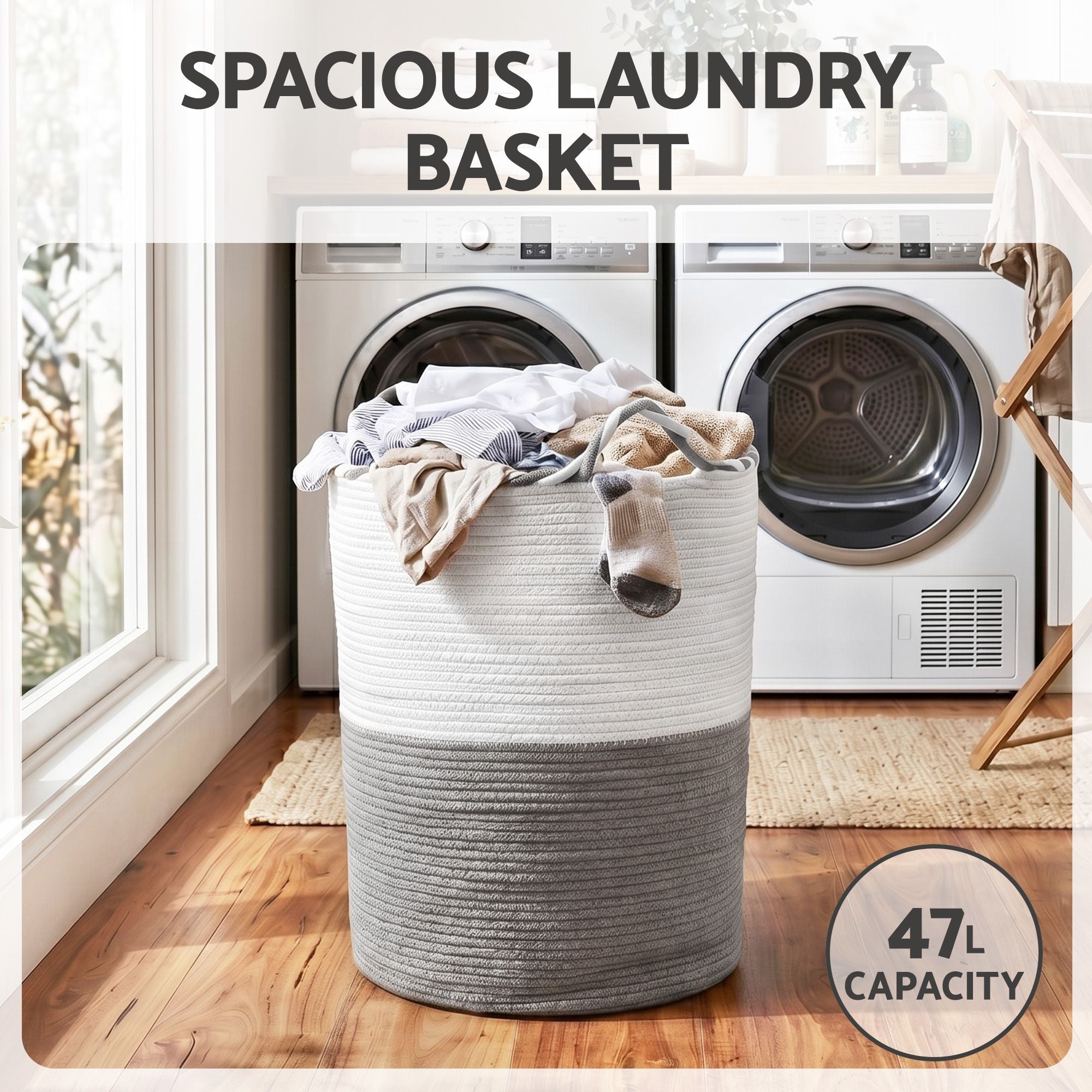 Artiss Woven Laundry Basket with handles Foldable White &amp; Grey-Home &amp; Garden > Laundry &amp; Cleaning > Laundry Baskets-PEROZ Accessories