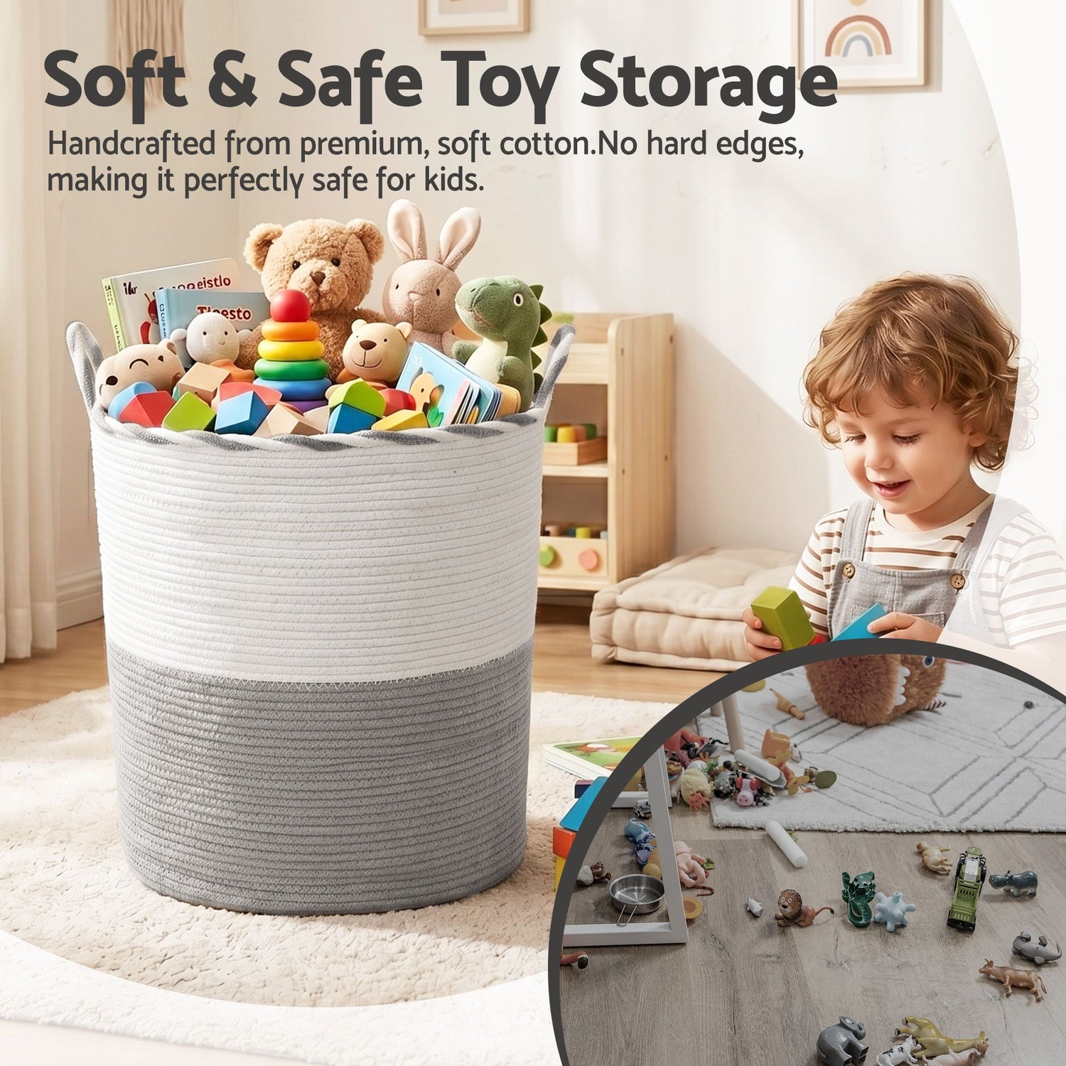 Artiss Woven Laundry Basket with handles Foldable White &amp; Grey-Home &amp; Garden > Laundry &amp; Cleaning > Laundry Baskets-PEROZ Accessories