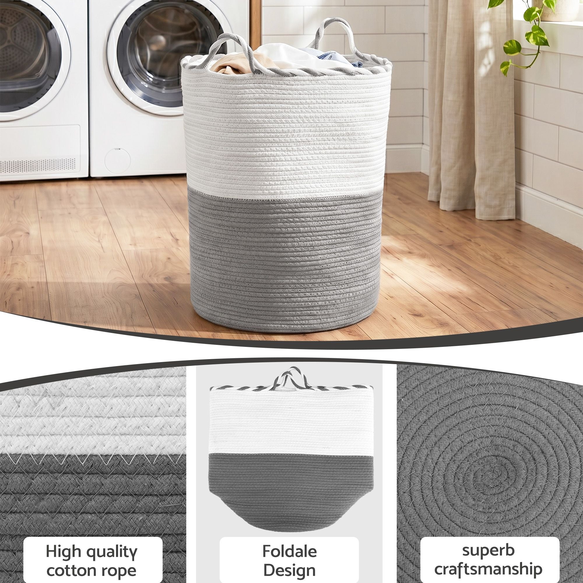 Artiss Woven Laundry Basket with handles Foldable White &amp; Grey-Home &amp; Garden > Laundry &amp; Cleaning > Laundry Baskets-PEROZ Accessories