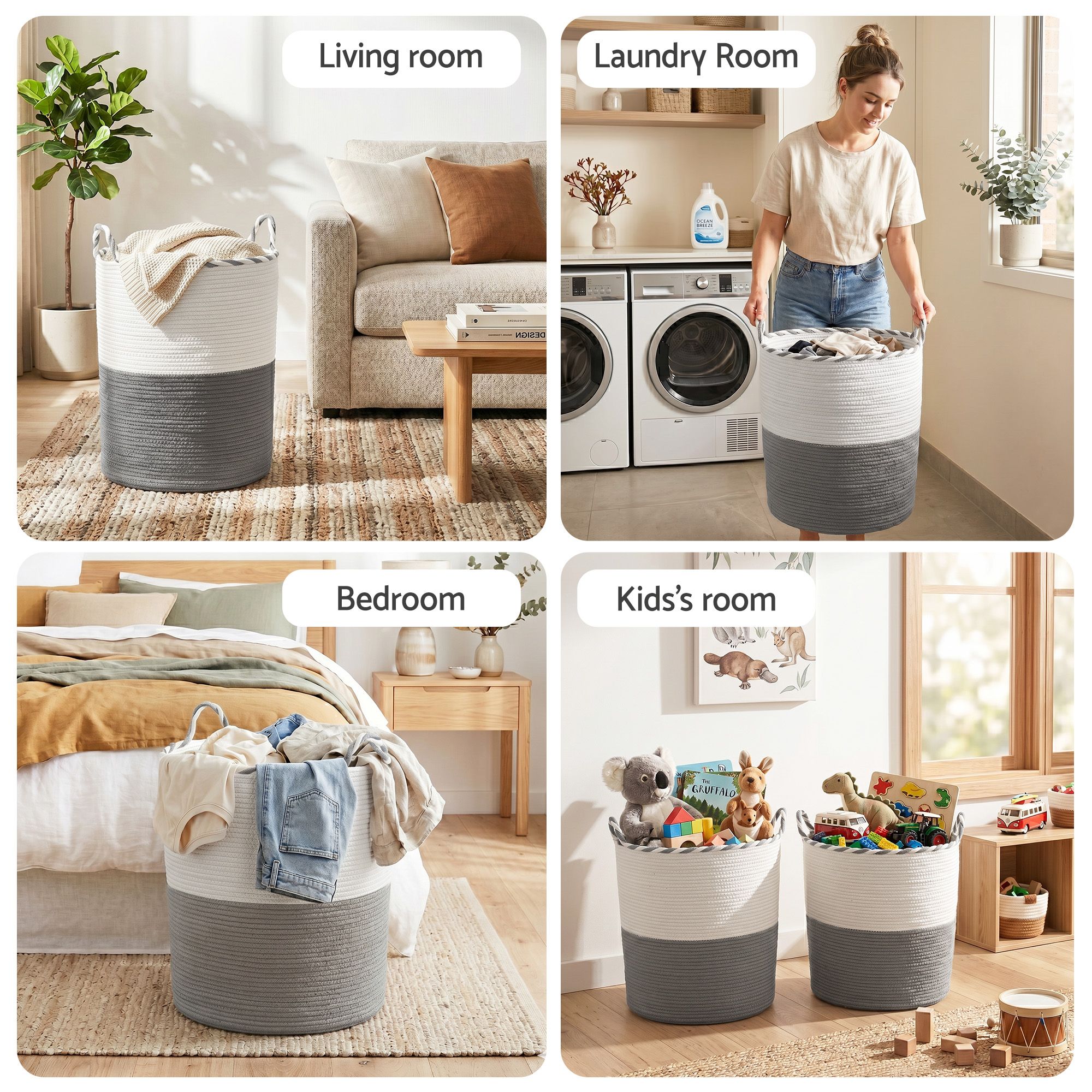 Artiss Woven Laundry Basket with handles Foldable White &amp; Grey-Home &amp; Garden > Laundry &amp; Cleaning > Laundry Baskets-PEROZ Accessories