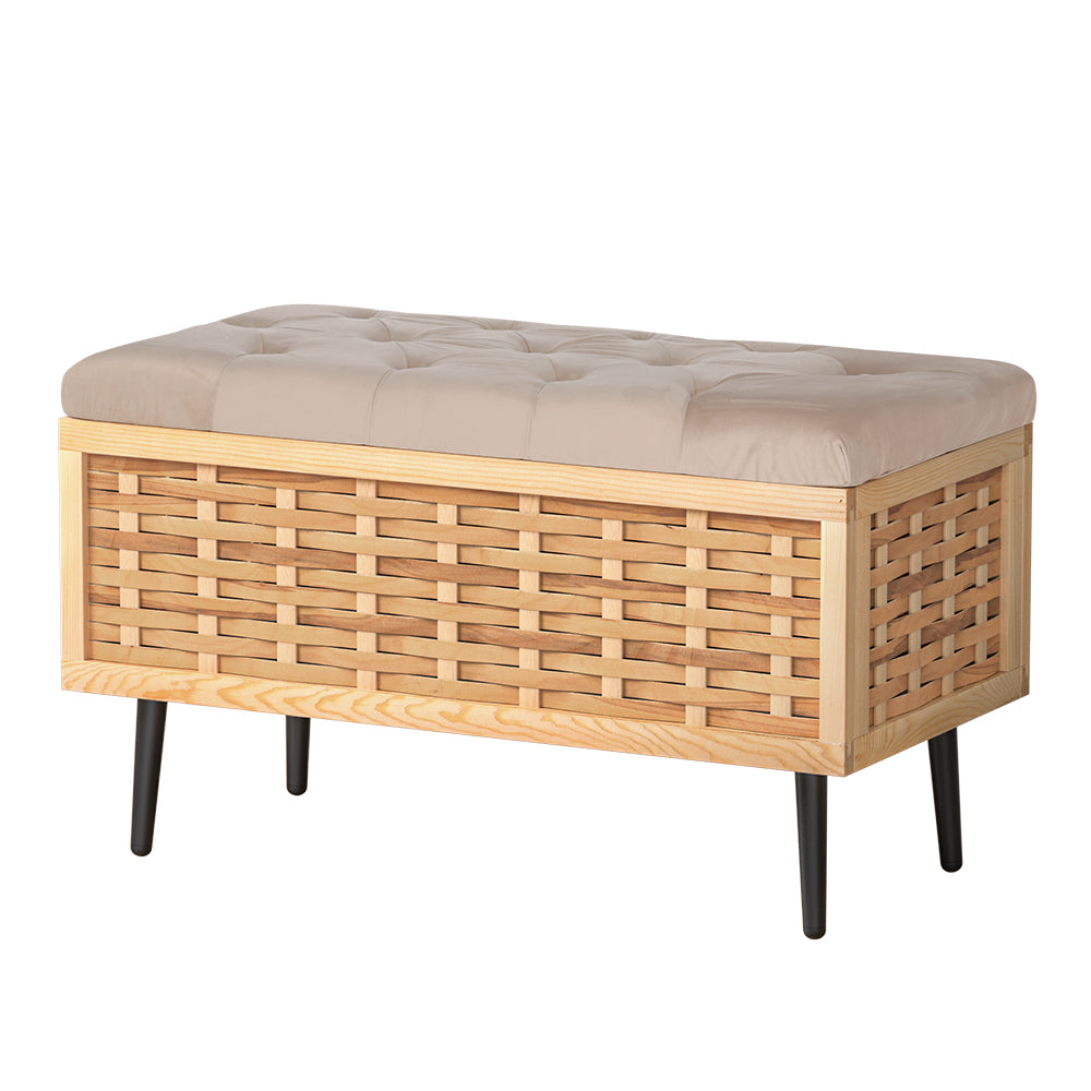 Artiss Storage Ottoman Blanket Box 80cm Weaved Velvet Pine-Furniture &gt; Living Room-PEROZ Accessories