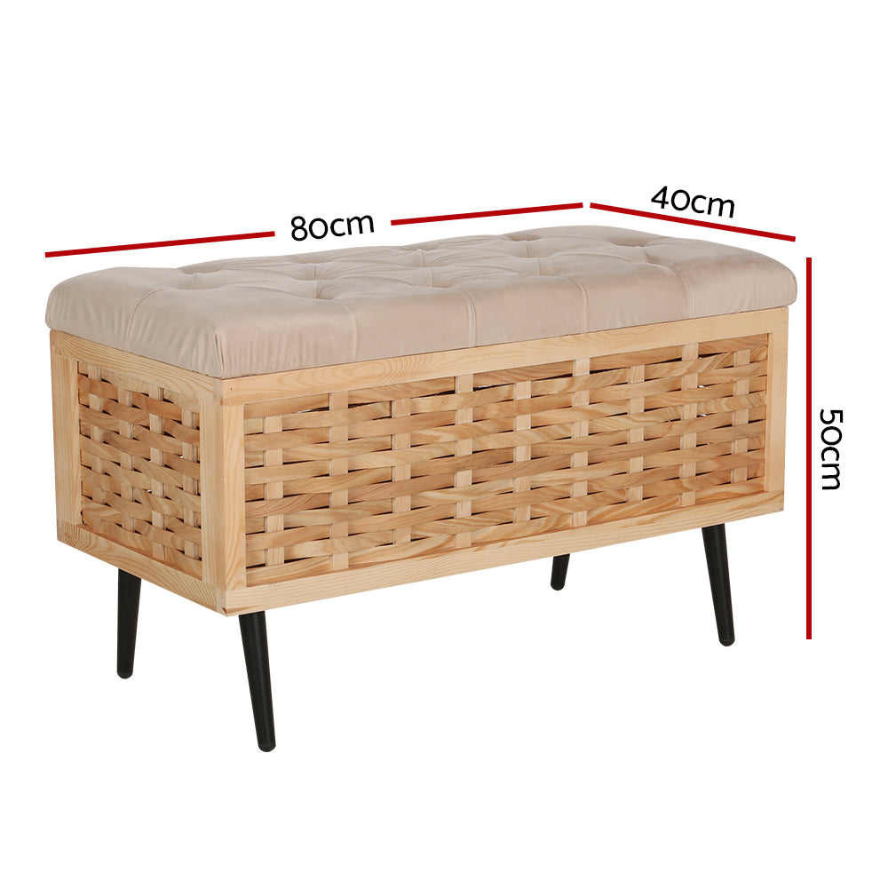Artiss Storage Ottoman Blanket Box 80cm Weaved Velvet Pine-Furniture &gt; Living Room-PEROZ Accessories