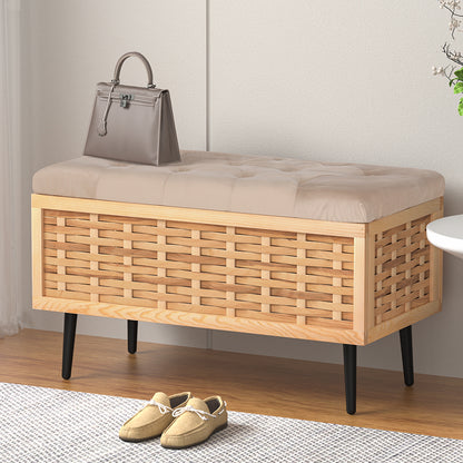 Artiss Storage Ottoman Blanket Box 80cm Weaved Velvet Pine-Furniture &gt; Living Room-PEROZ Accessories