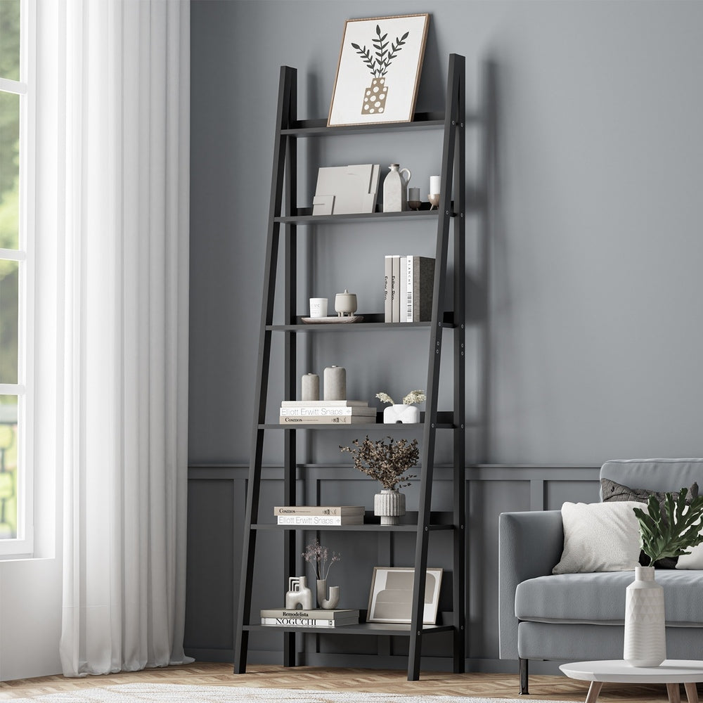 Oikiture Corner Ladder Shelf 6-Tier Display Rack Black-Bookshelf-PEROZ Accessories