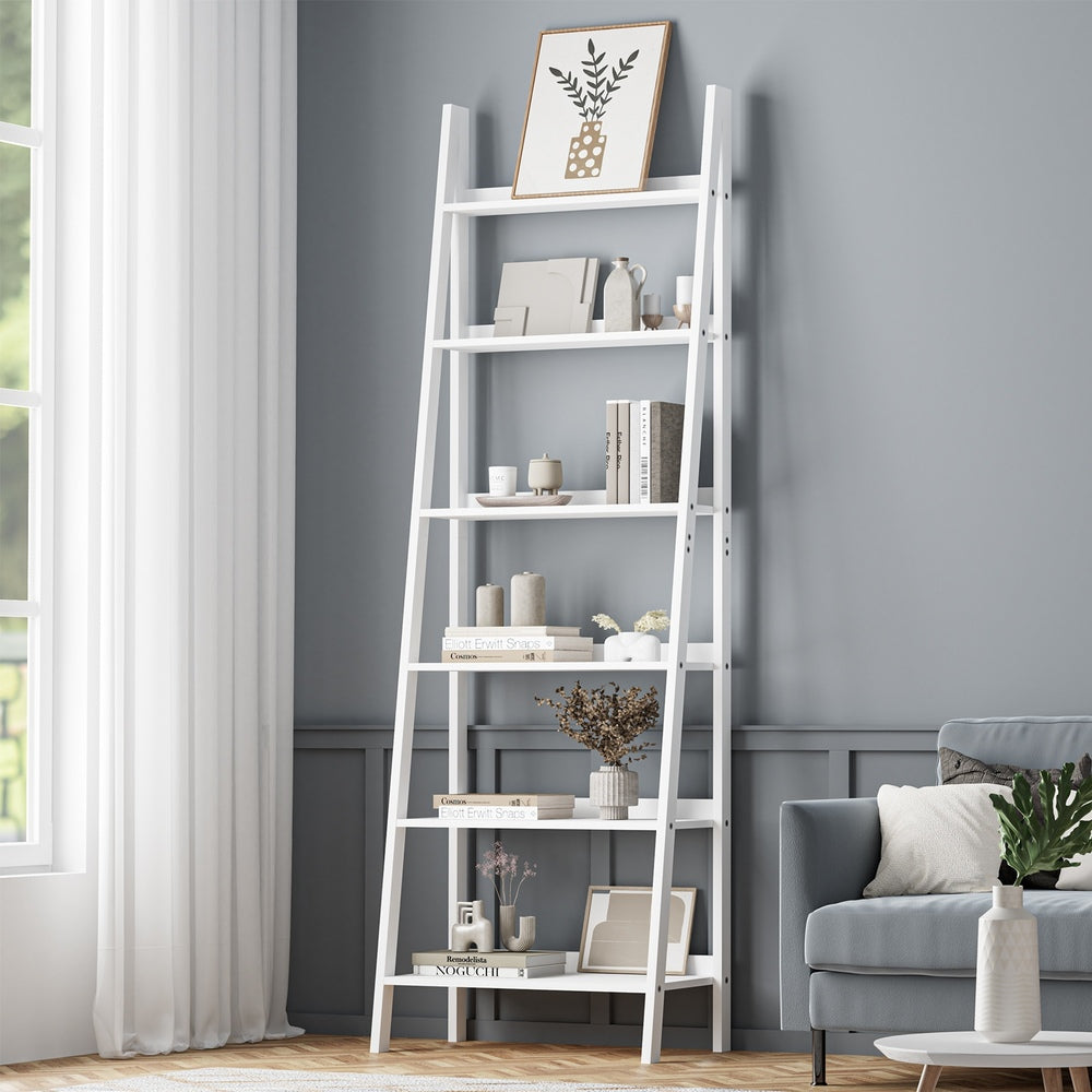 Oikiture Corner Ladder Shelf 6-Tier Display Rack White-Bookshelf-PEROZ Accessories