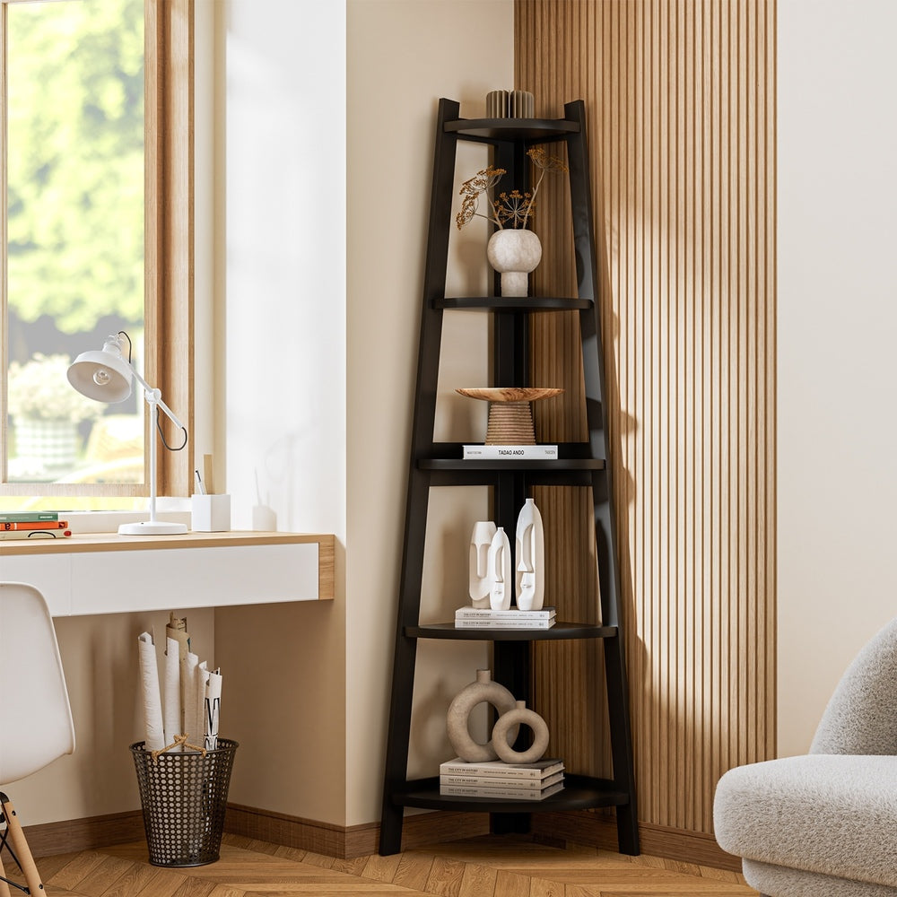 Oikiture Corner Ladder Shelf 5-Tier Display Shelf Black-Bookshelf-PEROZ Accessories