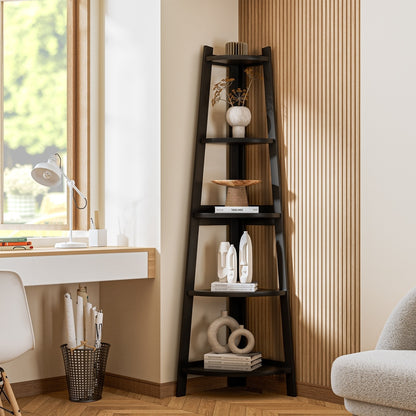 Oikiture Corner Ladder Shelf 5-Tier Display Shelf Black-Bookshelf-PEROZ Accessories