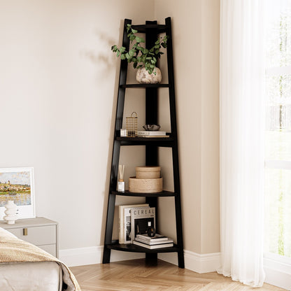 Oikiture Corner Ladder Shelf 5-Tier Display Shelf Black-Bookshelf-PEROZ Accessories