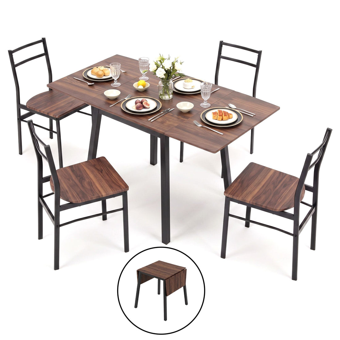 Artiss Dining Table and Chairs Set 5pcs with Extendable 60-120cm Drop-Leaf Table Brown-Furniture > Dining > Dining Set-PEROZ Accessories