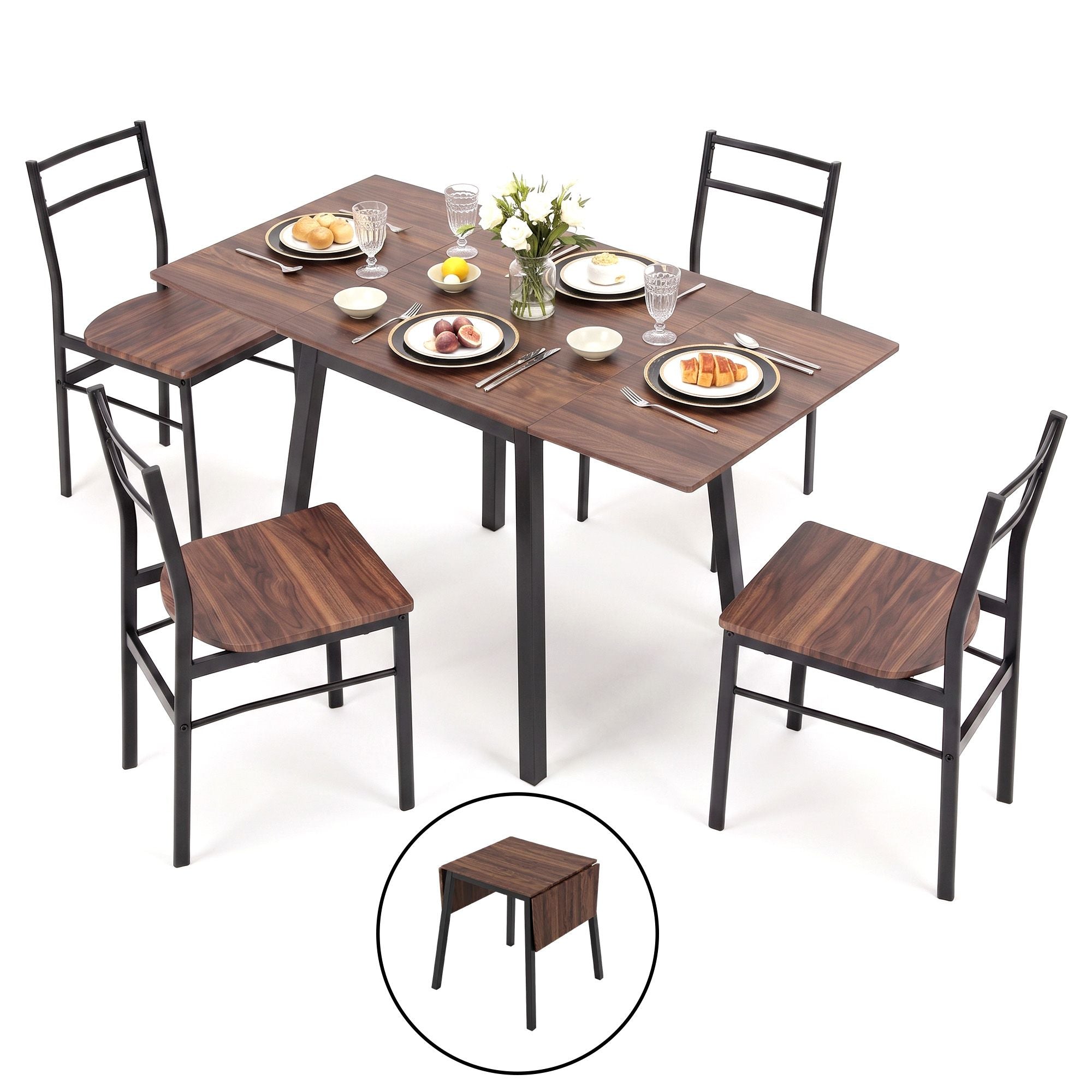 Artiss Dining Table and Chairs Set 5pcs with Extendable 60-120cm Drop-Leaf Table Brown