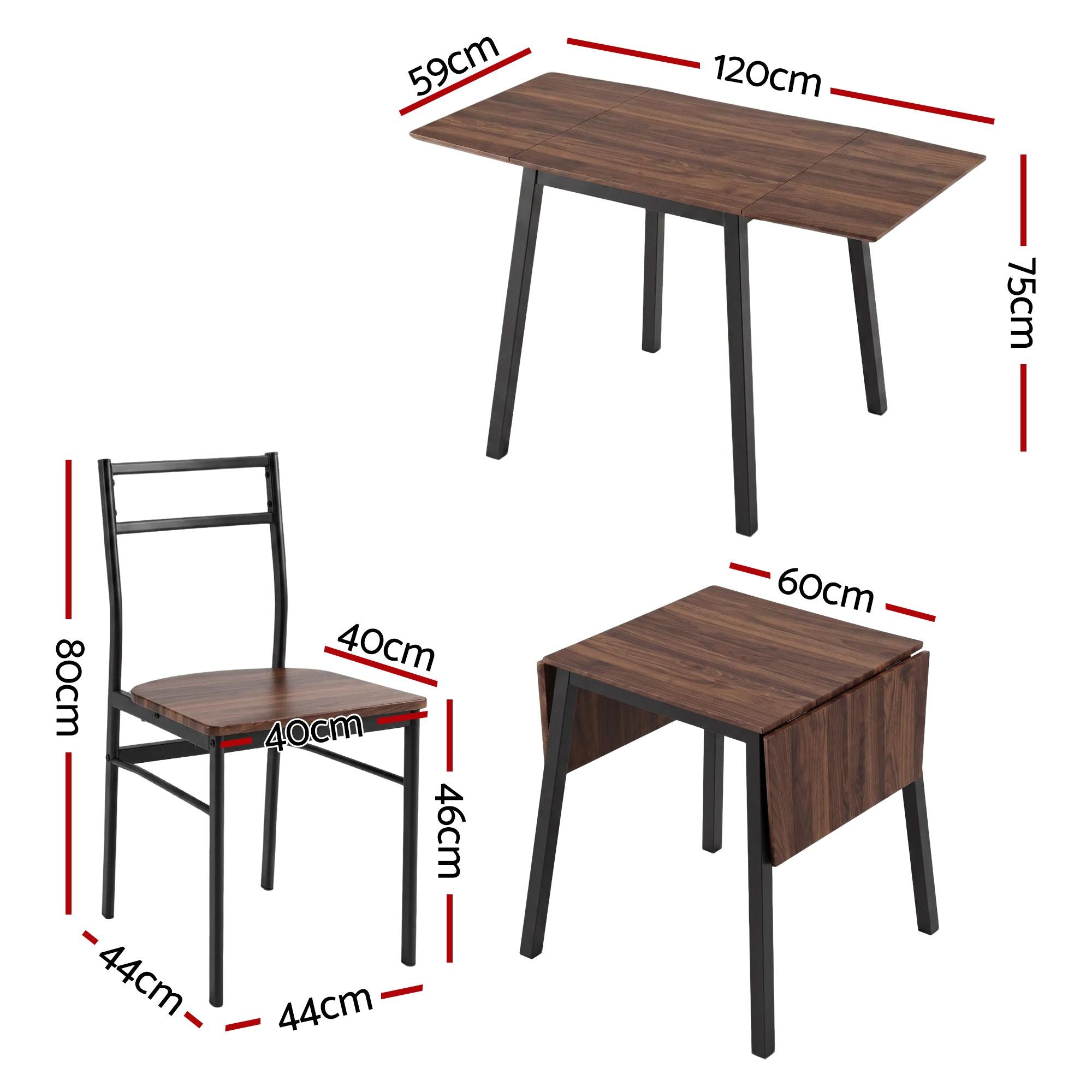 Artiss Dining Table and Chairs Set 5pcs with Extendable 60-120cm Drop-Leaf Table Brown