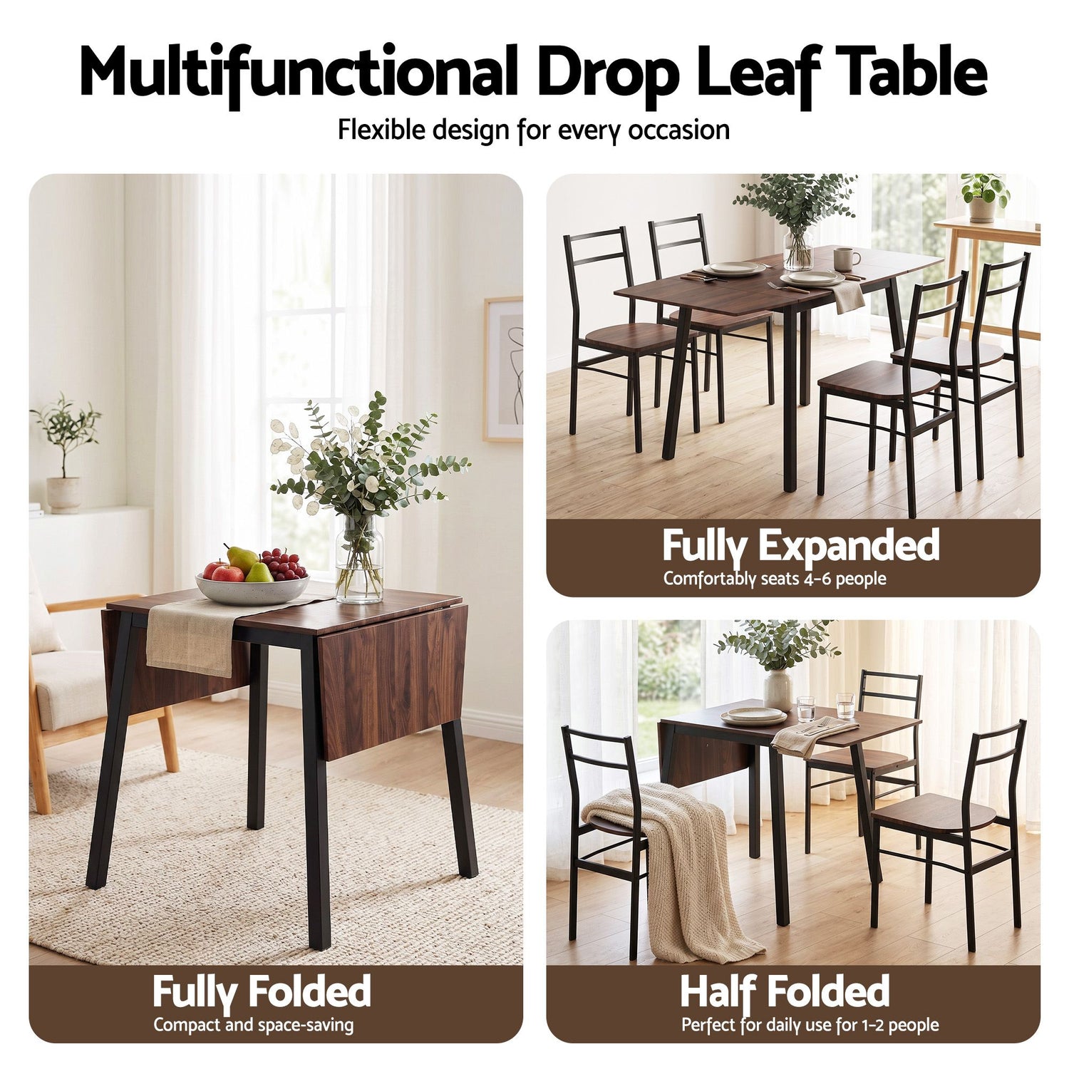 Artiss Dining Table and Chairs Set 5pcs with Extendable 60-120cm Drop-Leaf Table Brown