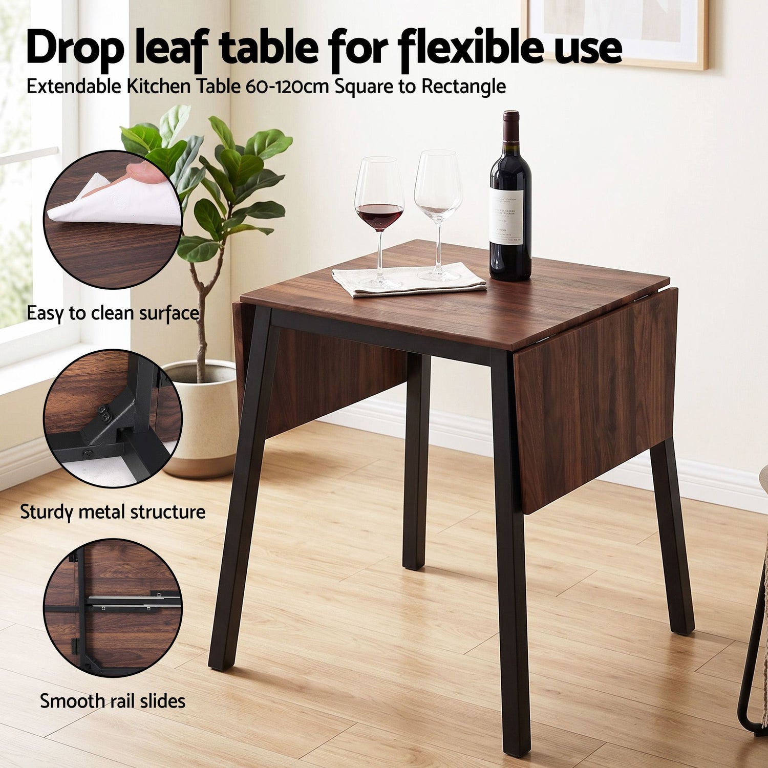 Artiss Dining Table and Chairs Set 5pcs with Extendable 60-120cm Drop-Leaf Table Brown