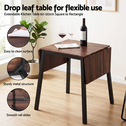 Artiss Dining Table and Chairs Set 5pcs with Extendable 60-120cm Drop-Leaf Table Brown