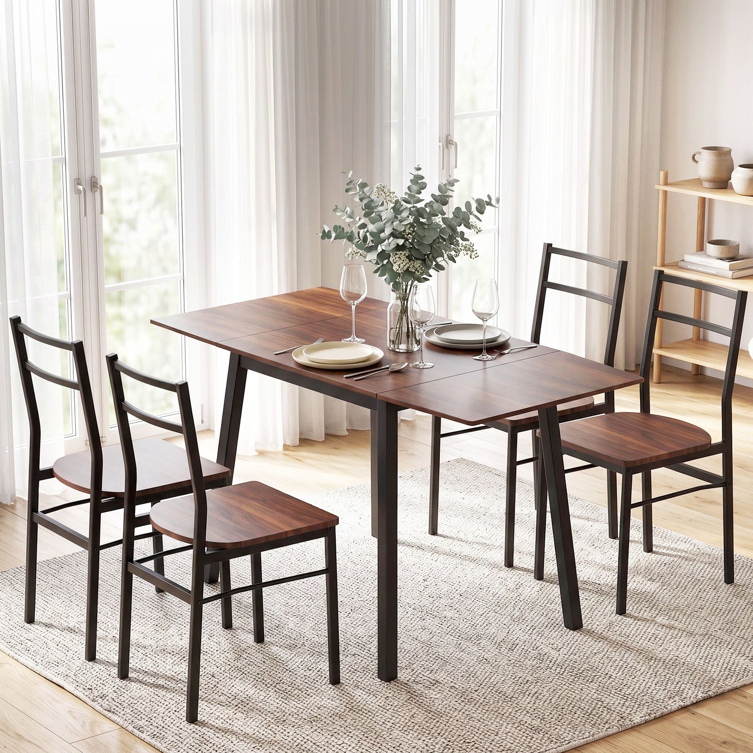 Artiss Dining Table and Chairs Set 5pcs with Extendable 60-120cm Drop-Leaf Table Brown