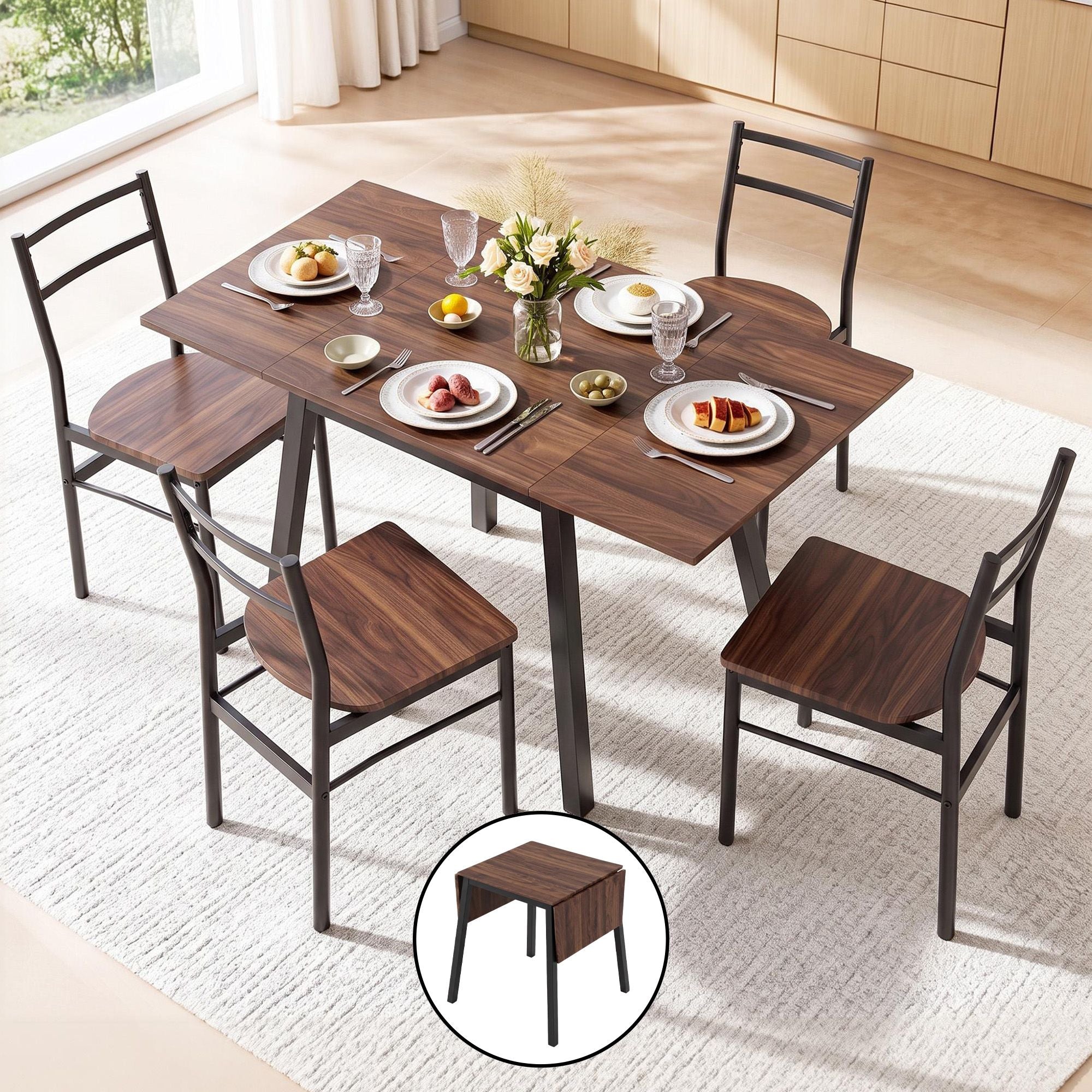 Artiss Dining Table and Chairs Set 5pcs with Extendable 60-120cm Drop-Leaf Table Brown