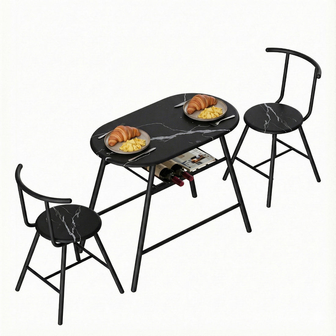 Artiss Dining Table Set 3PC Bistro Kitchen Storage Wine Rack Black Marble Style-Furniture > Dining > Dining Set-PEROZ Accessories