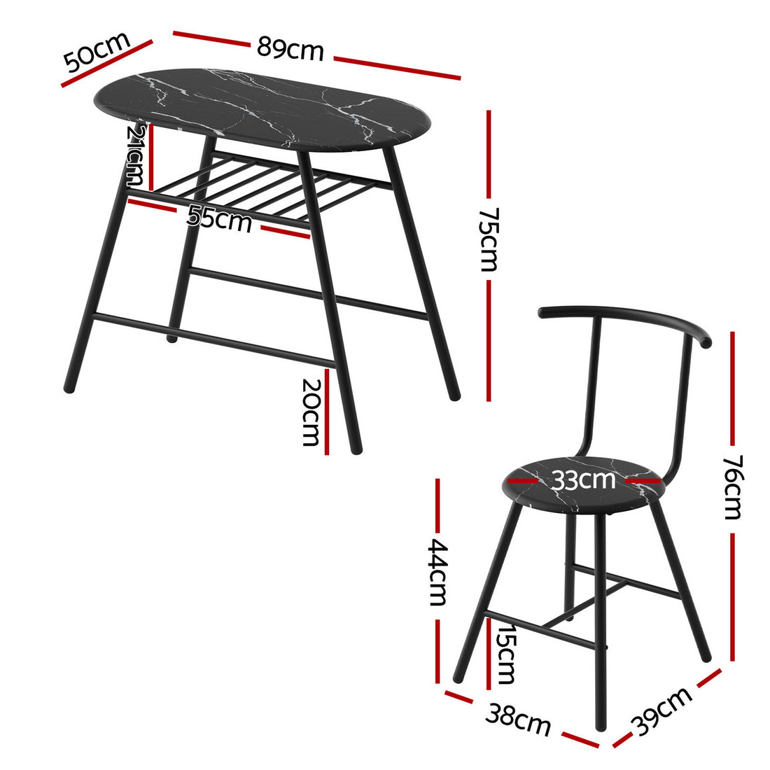 Artiss Dining Table Set 3PC Bistro Kitchen Storage Wine Rack Black Marble Style-Furniture > Dining > Dining Set-PEROZ Accessories