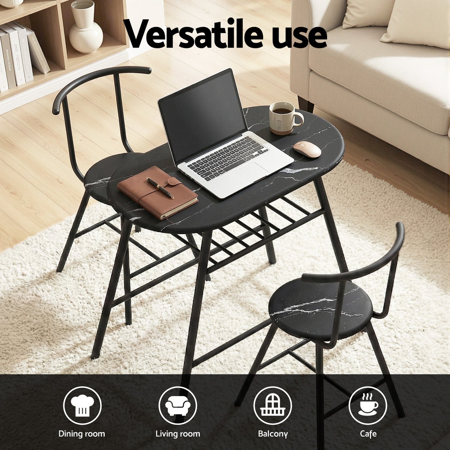Artiss Dining Table Set 3PC Bistro Kitchen Storage Wine Rack Black Marble Style-Furniture > Dining > Dining Set-PEROZ Accessories