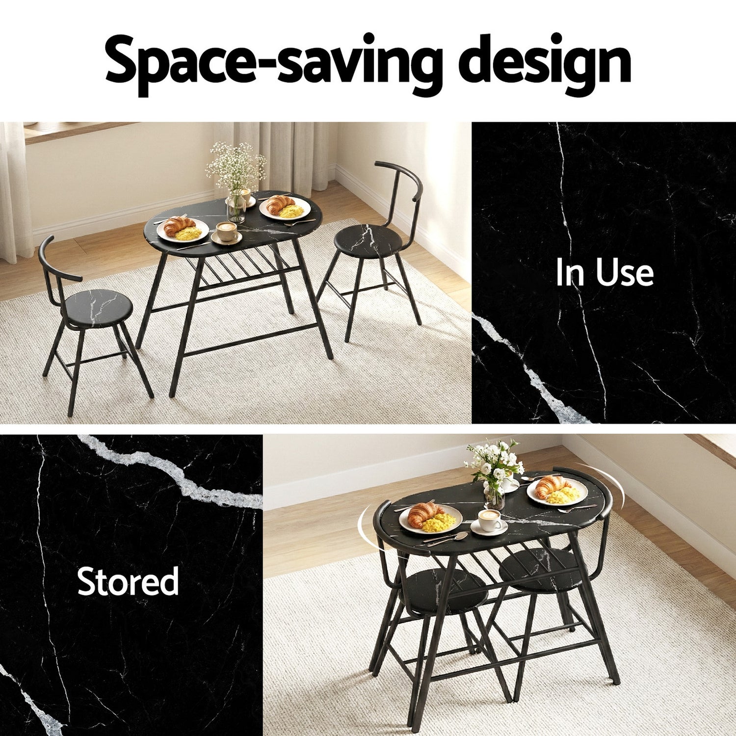 Artiss Dining Table Set 3PC Bistro Kitchen Storage Wine Rack Black Marble Style-Furniture > Dining > Dining Set-PEROZ Accessories