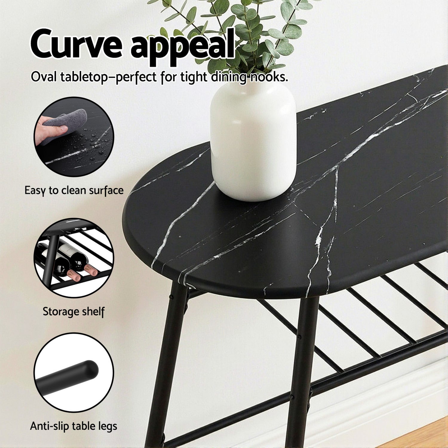 Artiss Dining Table Set 3PC Bistro Kitchen Storage Wine Rack Black Marble Style-Furniture > Dining > Dining Set-PEROZ Accessories