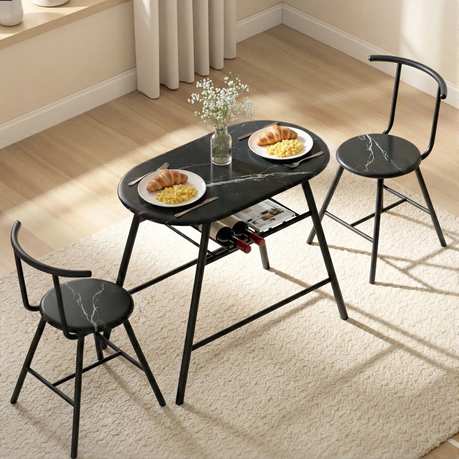 Artiss Dining Table Set 3PC Bistro Kitchen Storage Wine Rack Black Marble Style-Furniture > Dining > Dining Set-PEROZ Accessories