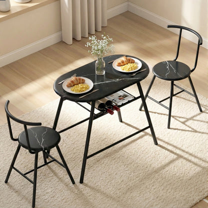 Artiss Dining Table Set 3PC Bistro Kitchen Storage Wine Rack Black Marble Style-Furniture > Dining > Dining Set-PEROZ Accessories