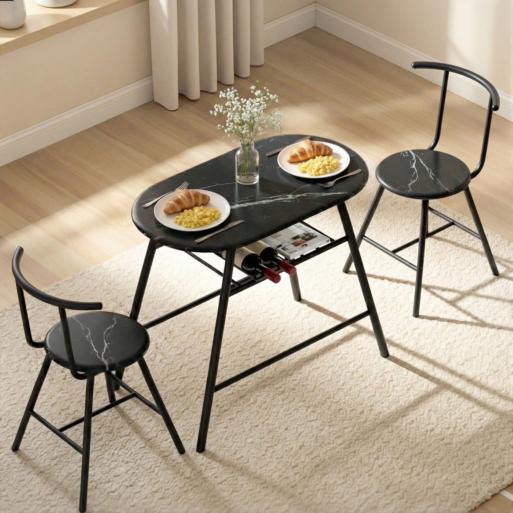 Artiss Dining Table Set 3PC Bistro Kitchen Storage Wine Rack Black Marble Style-Furniture > Dining > Dining Set-PEROZ Accessories