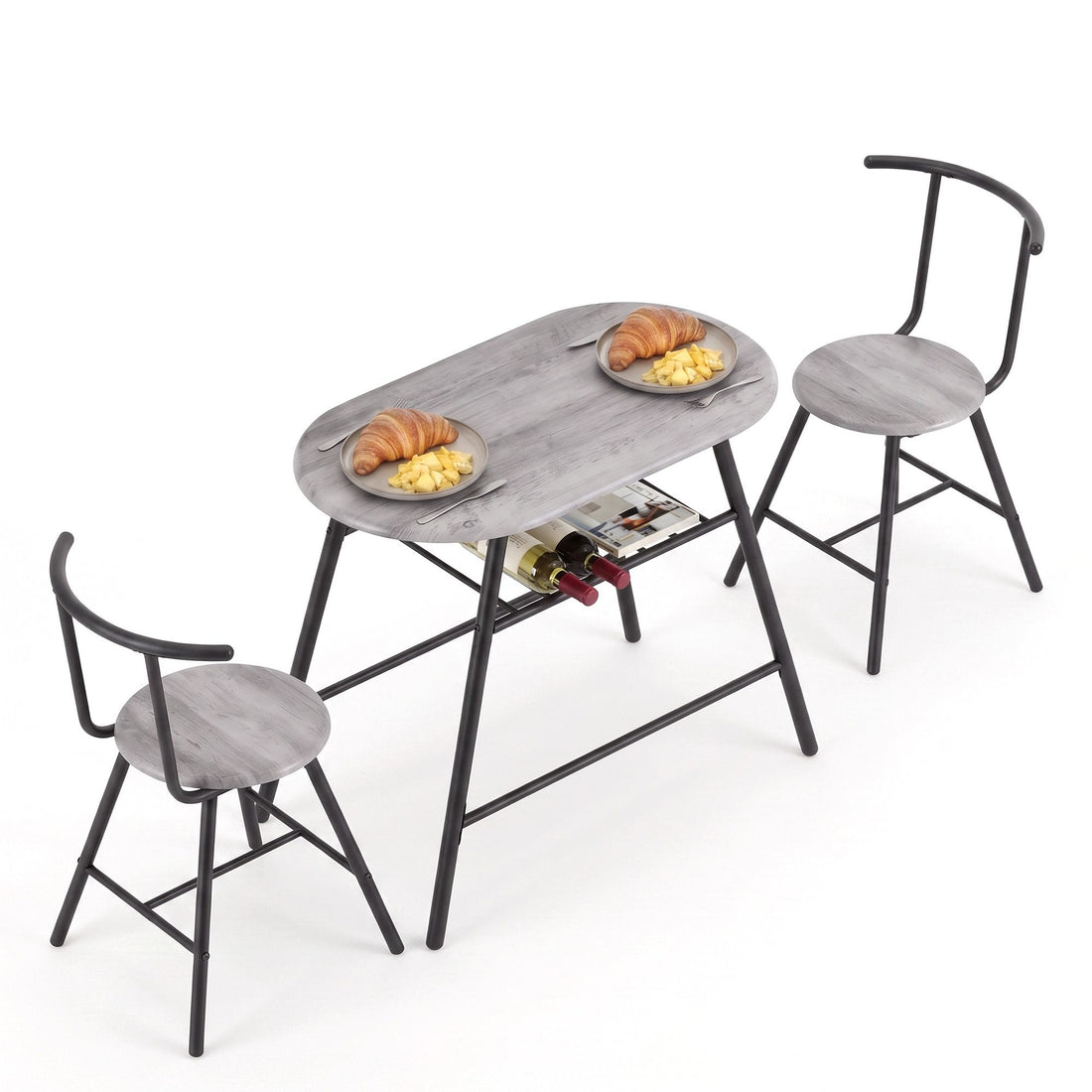 Artiss Oval Dining Table Set 3PC Space-Saving Bistro Kitchen Storage Wine Rack Grey-Furniture > Dining > Dining Set-PEROZ Accessories