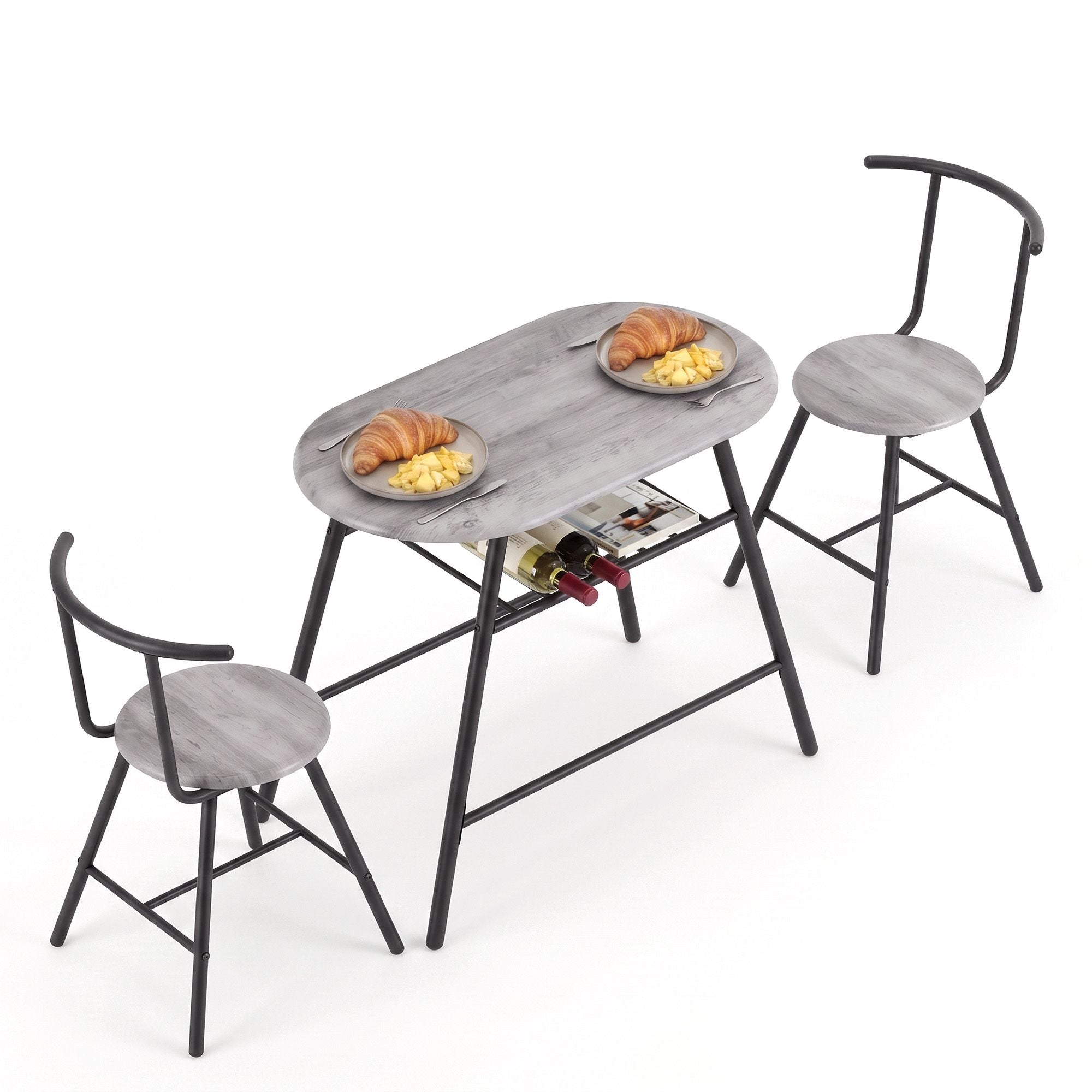 Artiss Oval Dining Table Set 3PC Space-Saving Bistro Kitchen Storage Wine Rack Grey