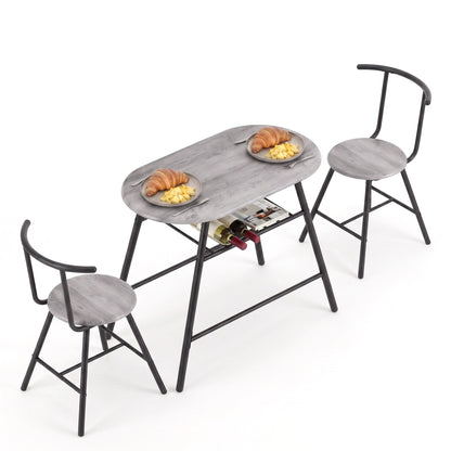 Artiss Oval Dining Table Set 3PC Space-Saving Bistro Kitchen Storage Wine Rack Grey