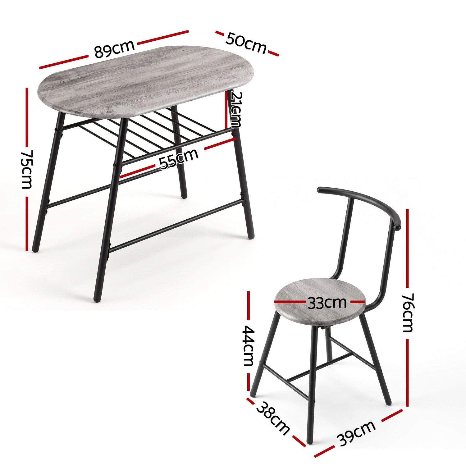 Artiss Oval Dining Table Set 3PC Space-Saving Bistro Kitchen Storage Wine Rack Grey