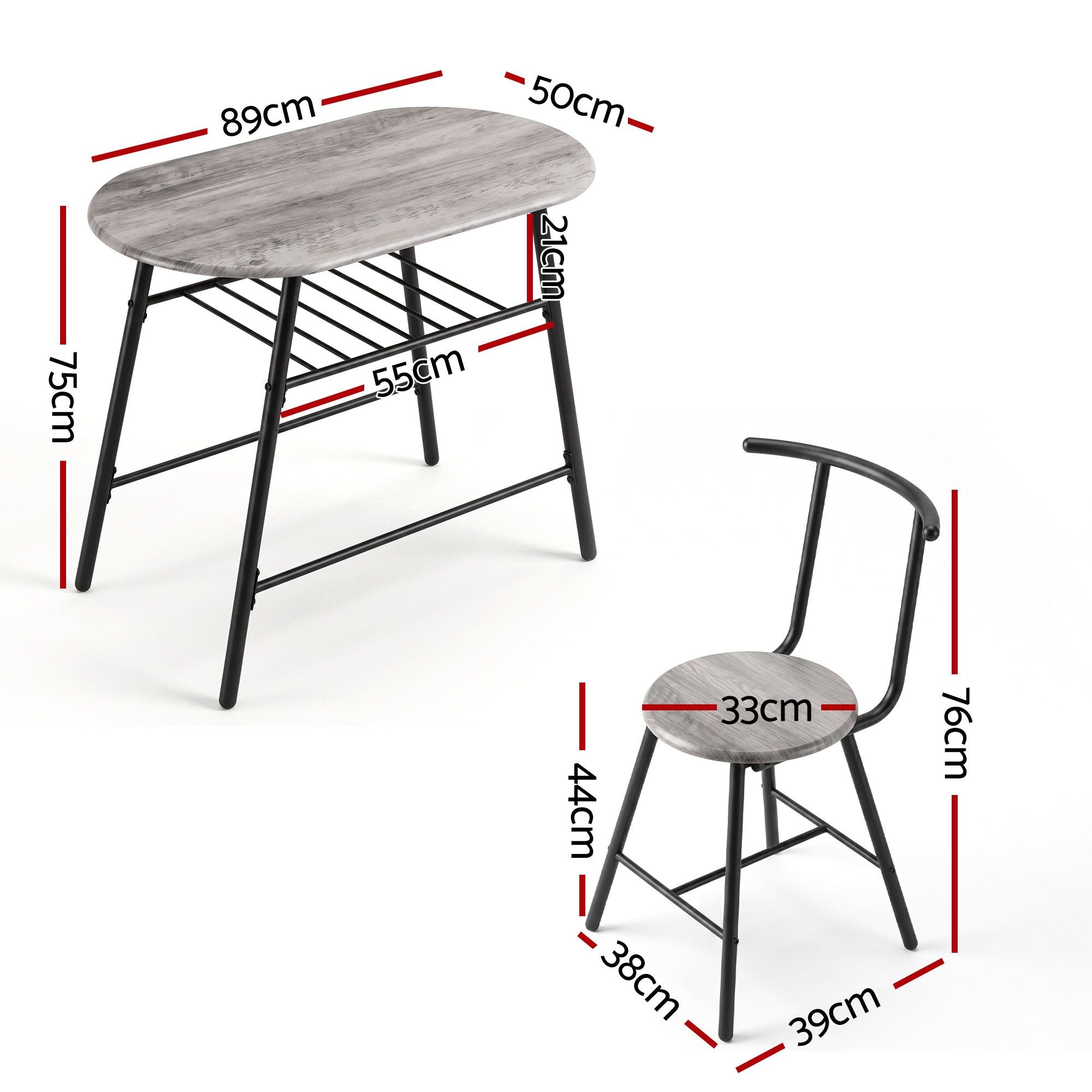 Artiss Oval Dining Table Set 3PC Space-Saving Bistro Kitchen Storage Wine Rack Grey