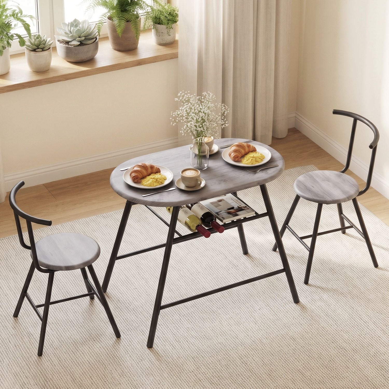Artiss Oval Dining Table Set 3PC Space-Saving Bistro Kitchen Storage Wine Rack Grey