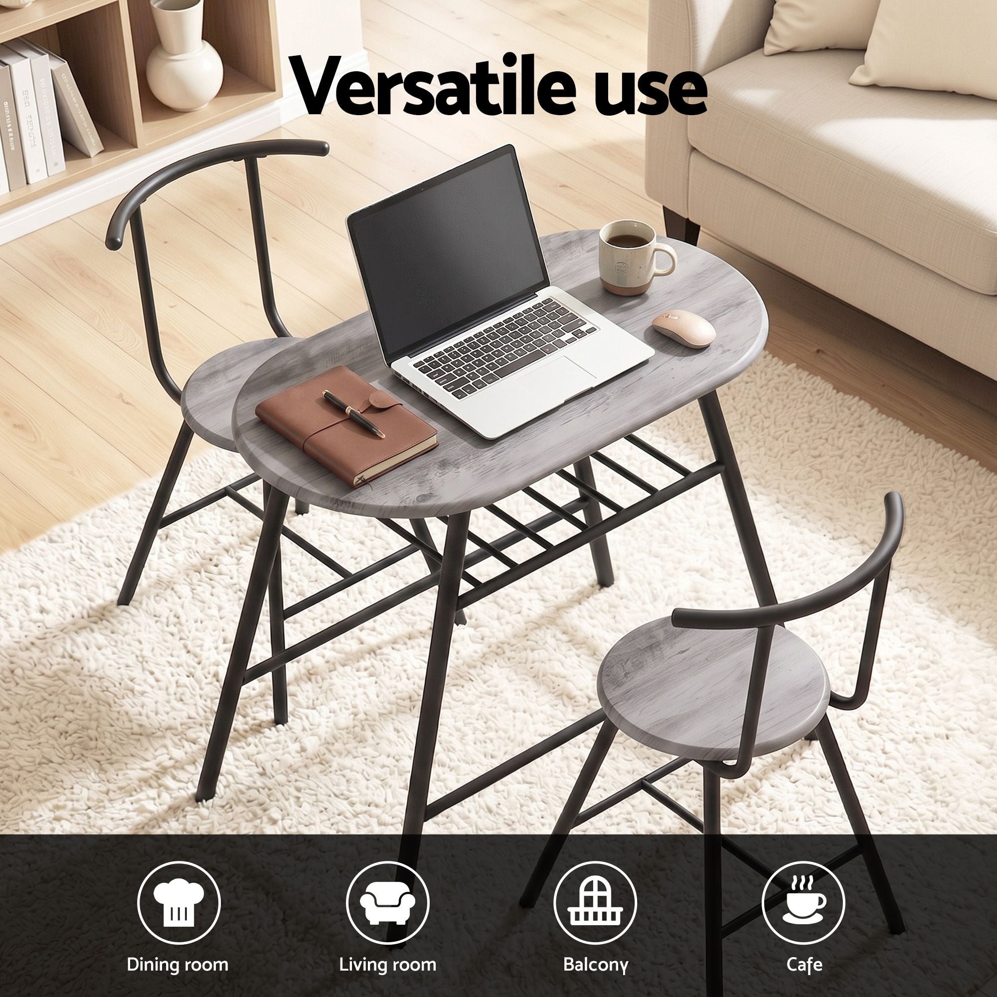 Artiss Oval Dining Table Set 3PC Space-Saving Bistro Kitchen Storage Wine Rack Grey