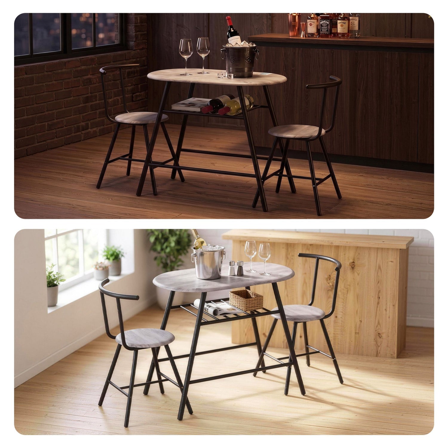 Artiss Oval Dining Table Set 3PC Space-Saving Bistro Kitchen Storage Wine Rack Grey