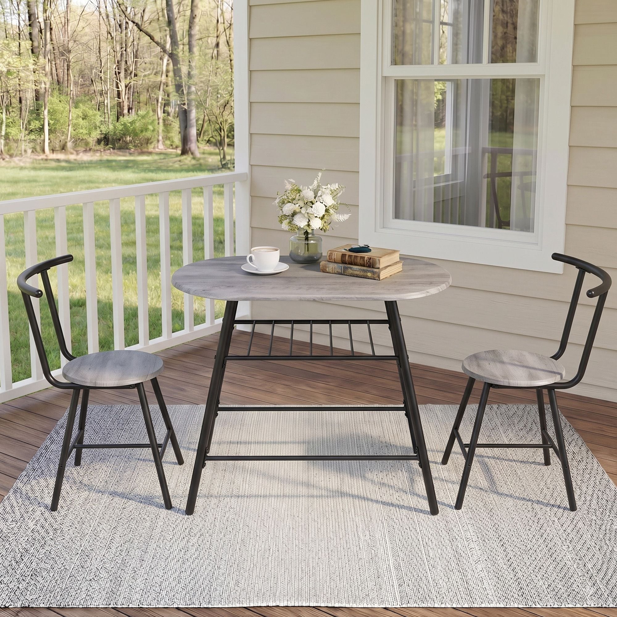 Artiss Oval Dining Table Set 3PC Space-Saving Bistro Kitchen Storage Wine Rack Grey