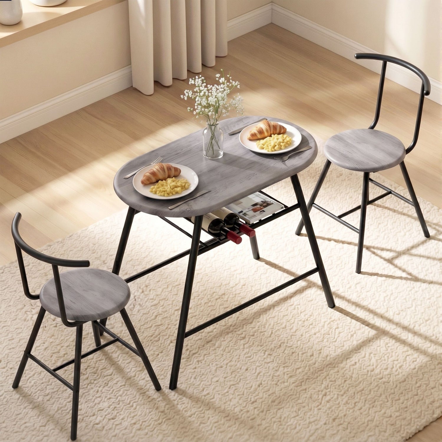 Artiss Oval Dining Table Set 3PC Space-Saving Bistro Kitchen Storage Wine Rack Grey