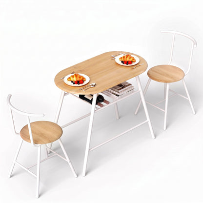 Artiss Oval Dining Table Set 3PC Space-Saving Bistro Kitchen Storage Wine Rack Natural White