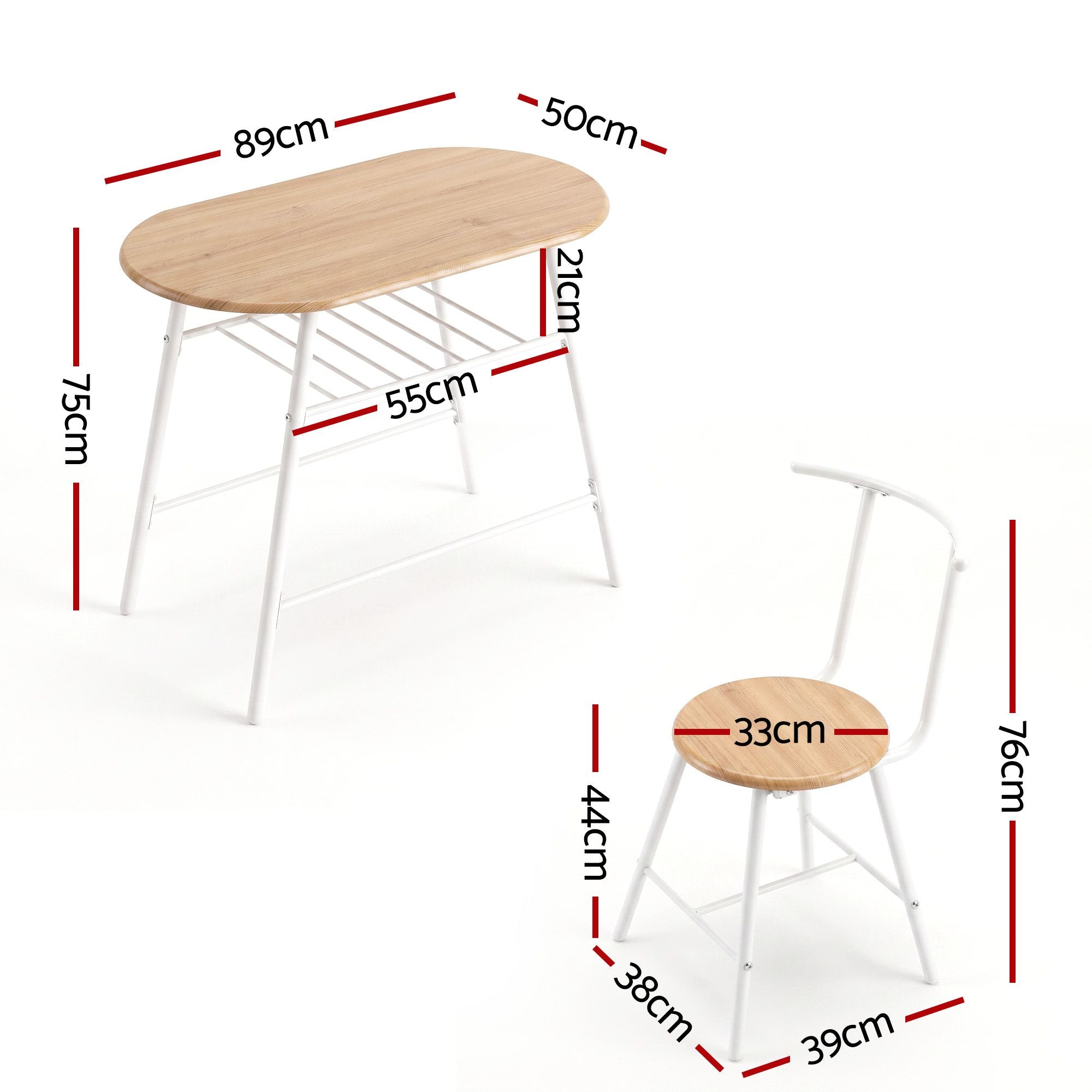 Artiss Oval Dining Table Set 3PC Space-Saving Bistro Kitchen Storage Wine Rack Natural White